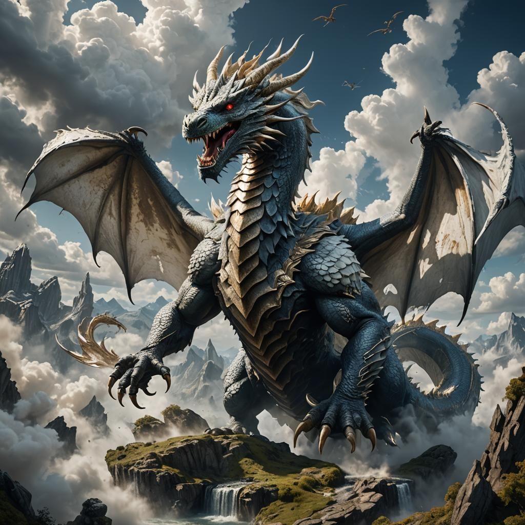 Majestic White Dragon Emerges from Clouds