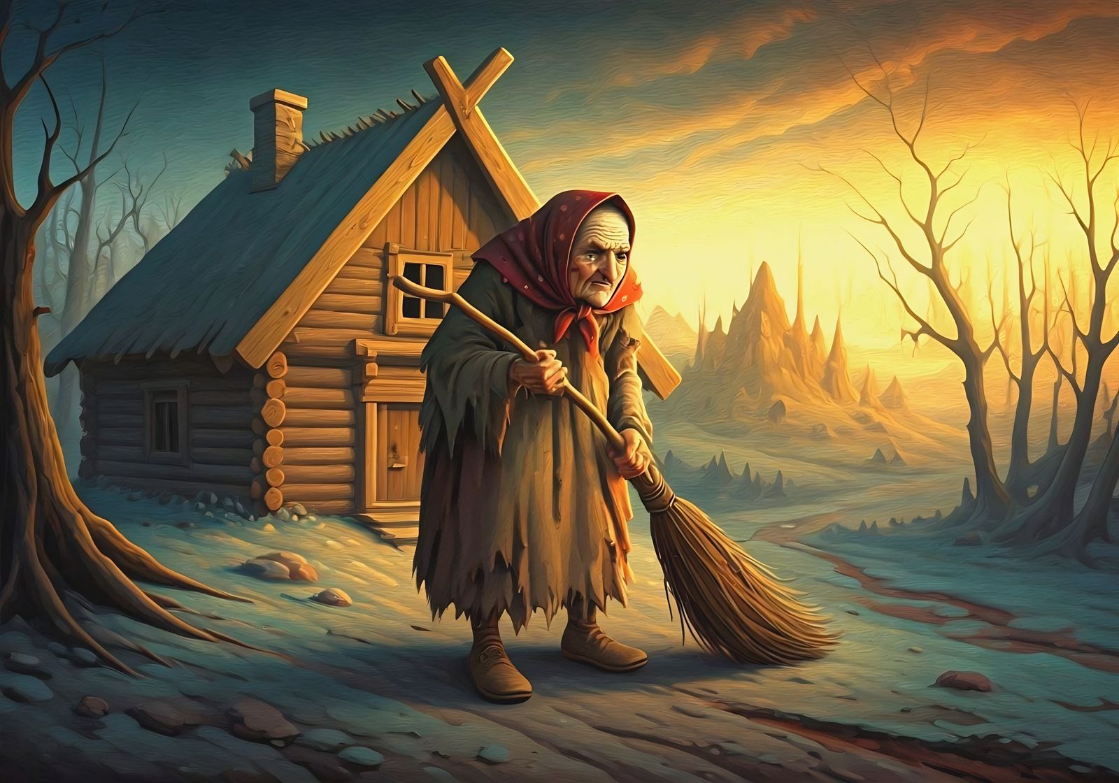Baba Yaga Illustration in Surrealist Oil Painting Style