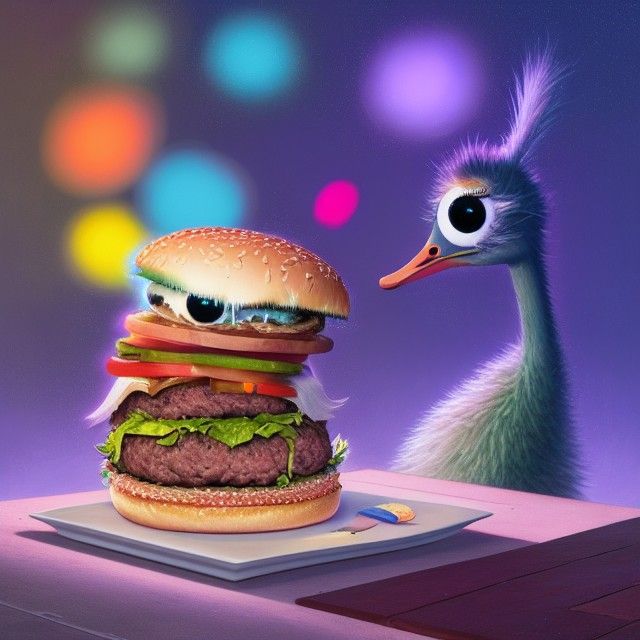 Cute Emu and Giant Burger in Pixar Style