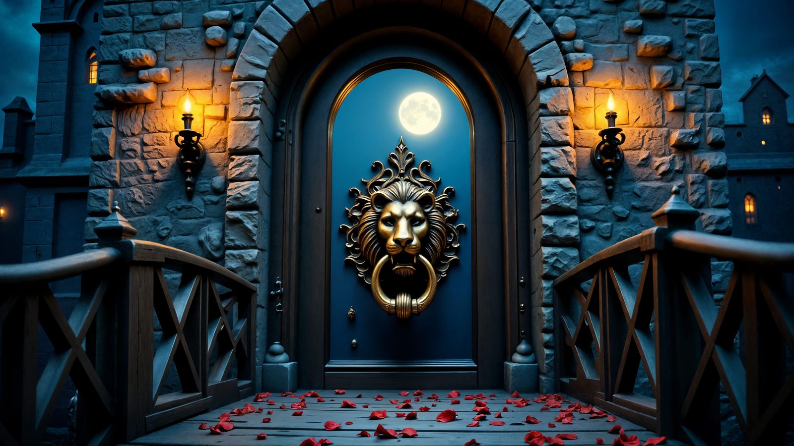 Lion Doorknocker on Ornate Gothic Castle Door