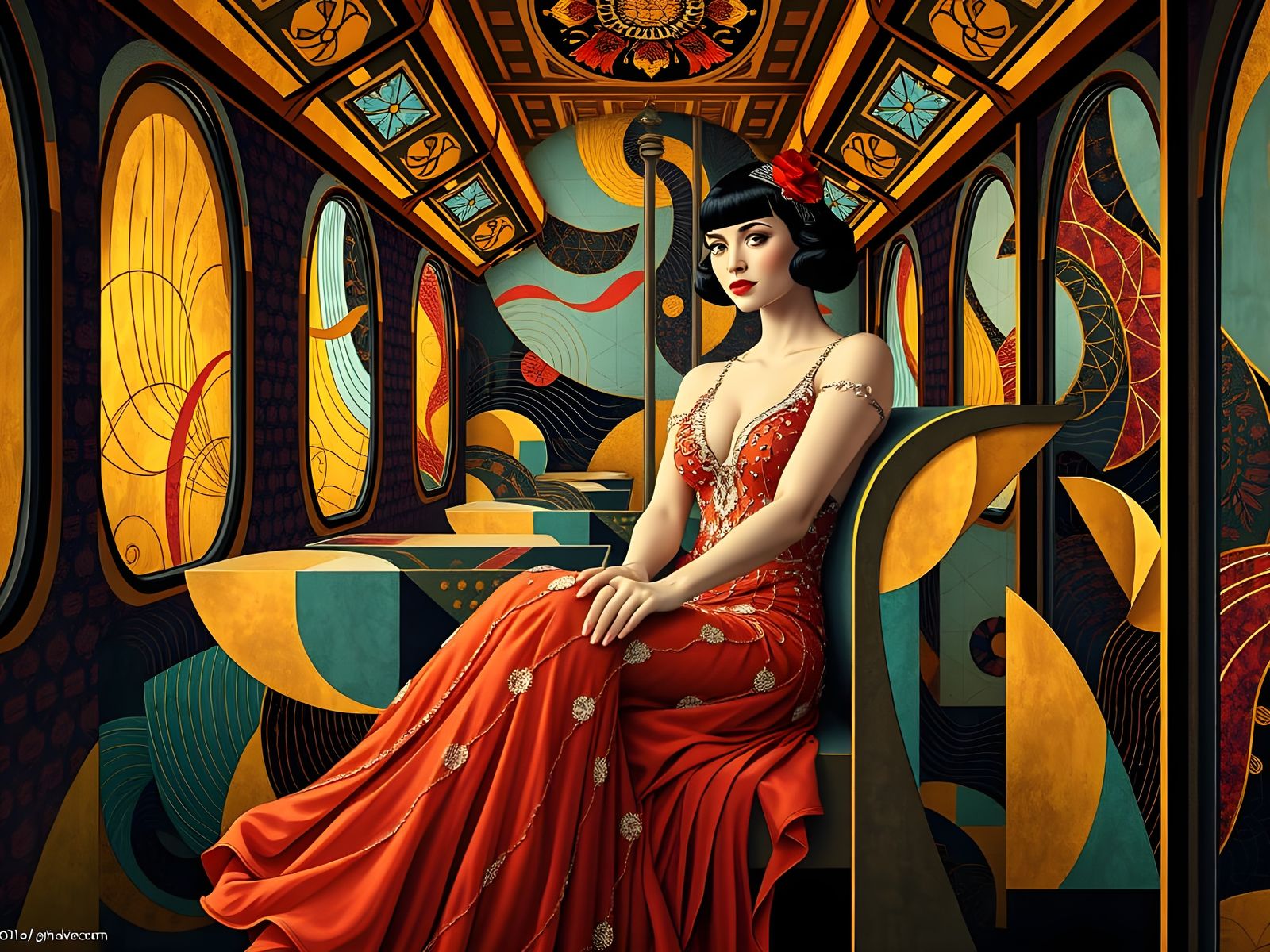 Luxurious Art Deco Train Scene in Gold and Azure