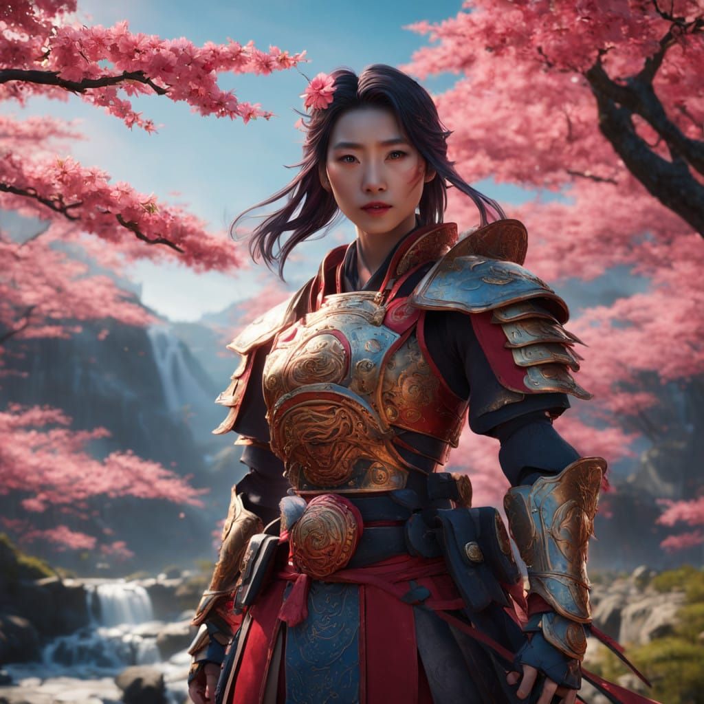 Fearless Samurai Warrior in Crimson Armor, amidst Cherry Blo...