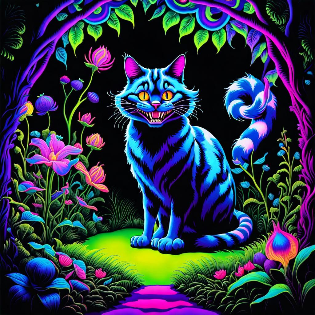 Vibrant Black Light Art of Cheshire Cat