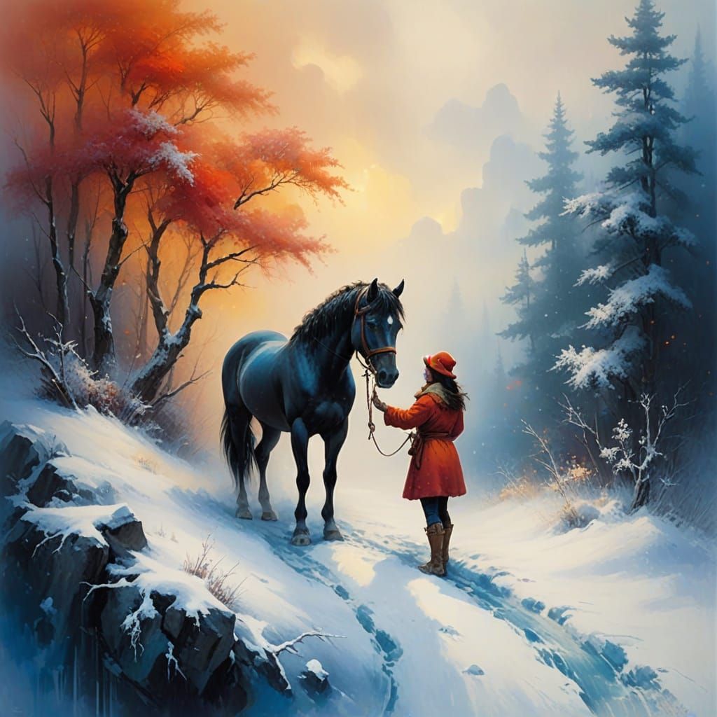 Majestic Mongolian Horse and Woman Cuddle in Frosty Blizzard