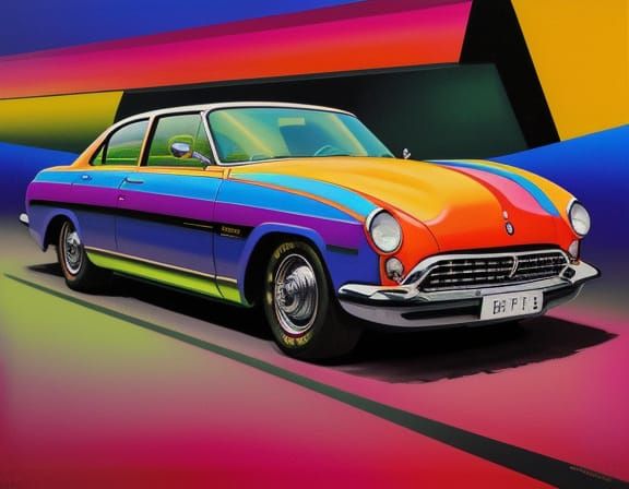 Retro Car in Japanese City: Klee-Inspired Oil