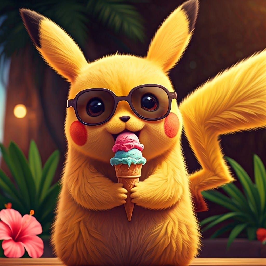 Hyperrealistic Pikachu in Beach Cafe Bliss