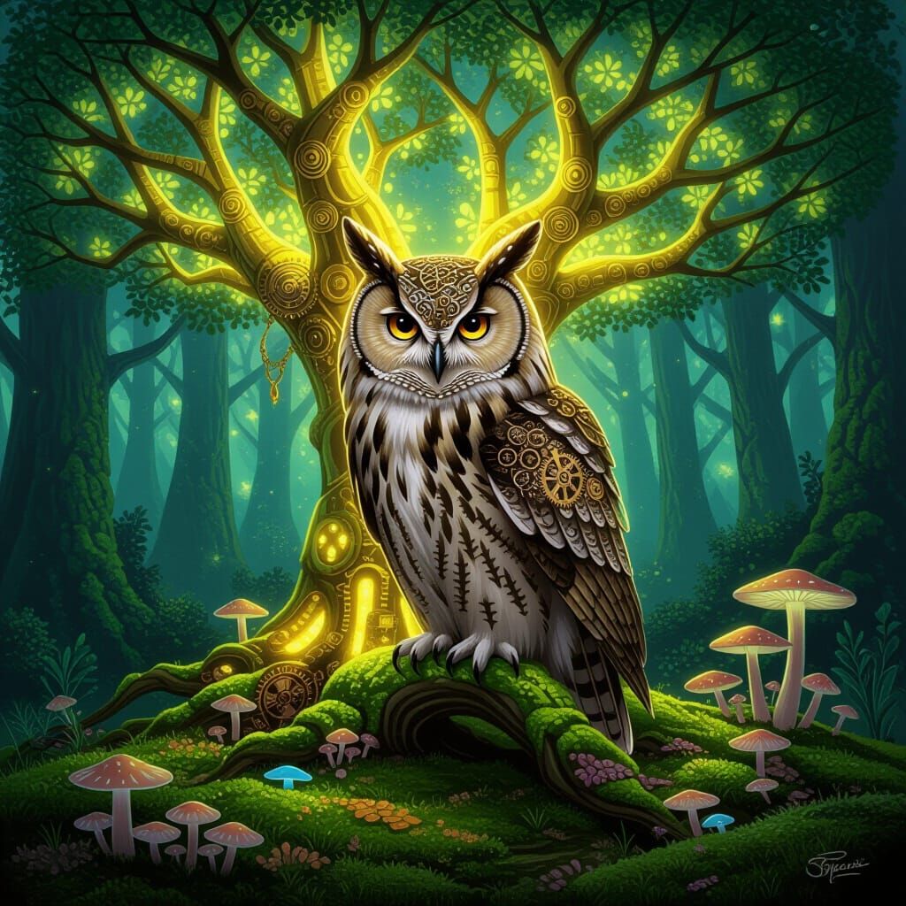 Wise Clockwork Owl on Glowing Otherworldly Tree