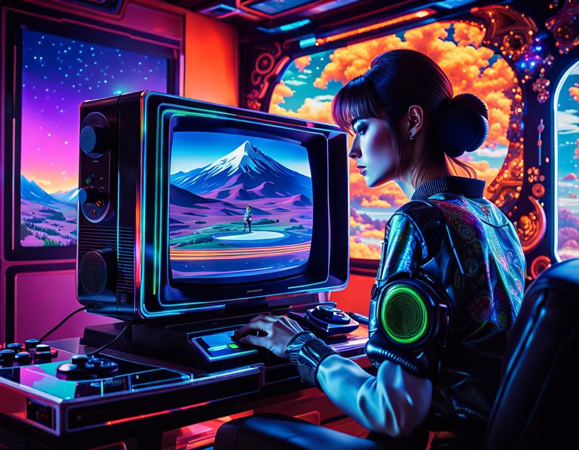 Retro Gaming Girl in Psychedelic Double Exposure