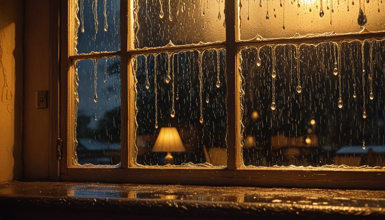 Surreal Glowing Tavern Window on Rainy Night