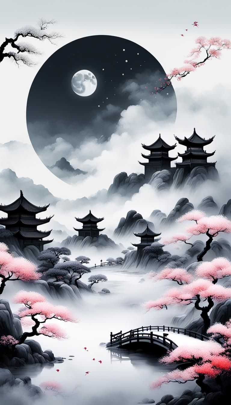Minimalist Chinese Ink Fantasy Landscape with Wind