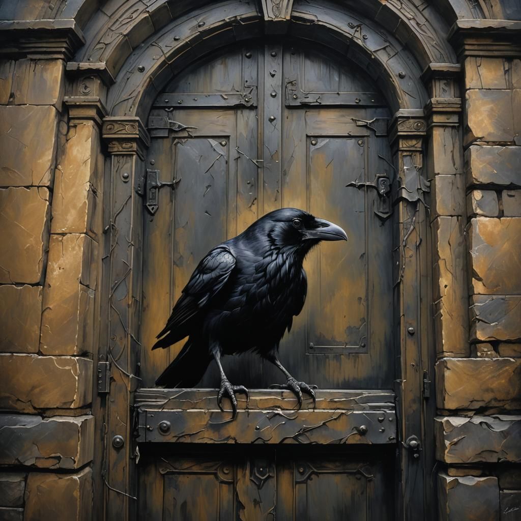 Ominous Raven Perched at Chamber Door, Dark Fantasy Art