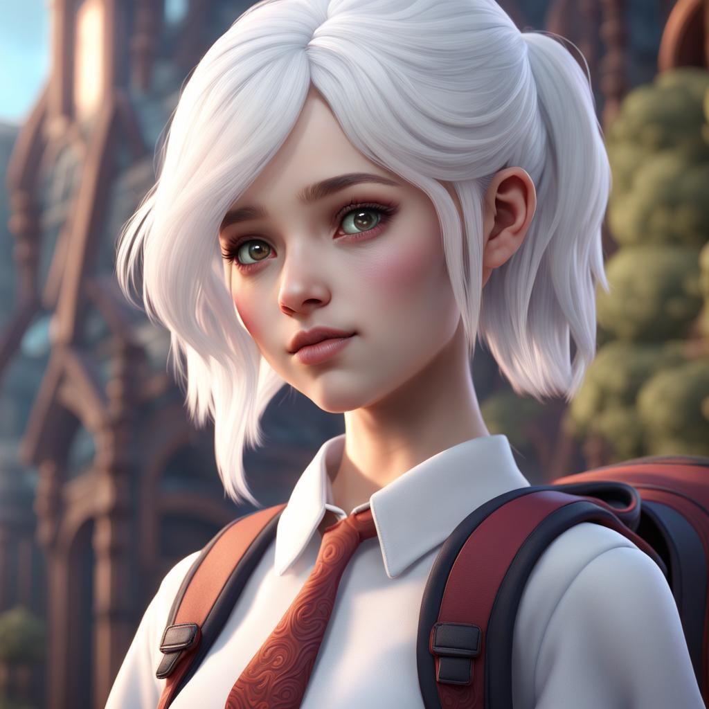 Cute White-Haired Schoolgirl: Detailed Matte Painting