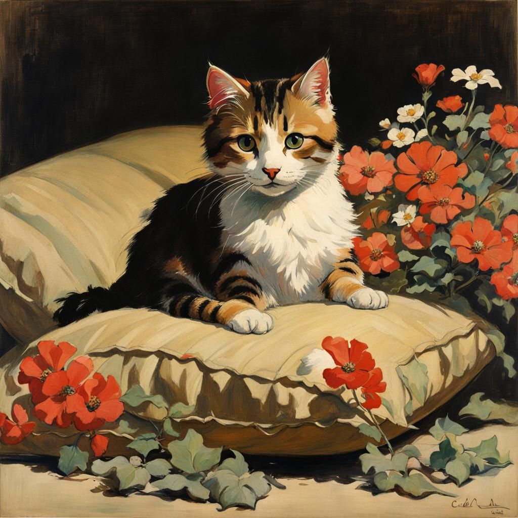 Cute Cat with Flowers in Vintage Style