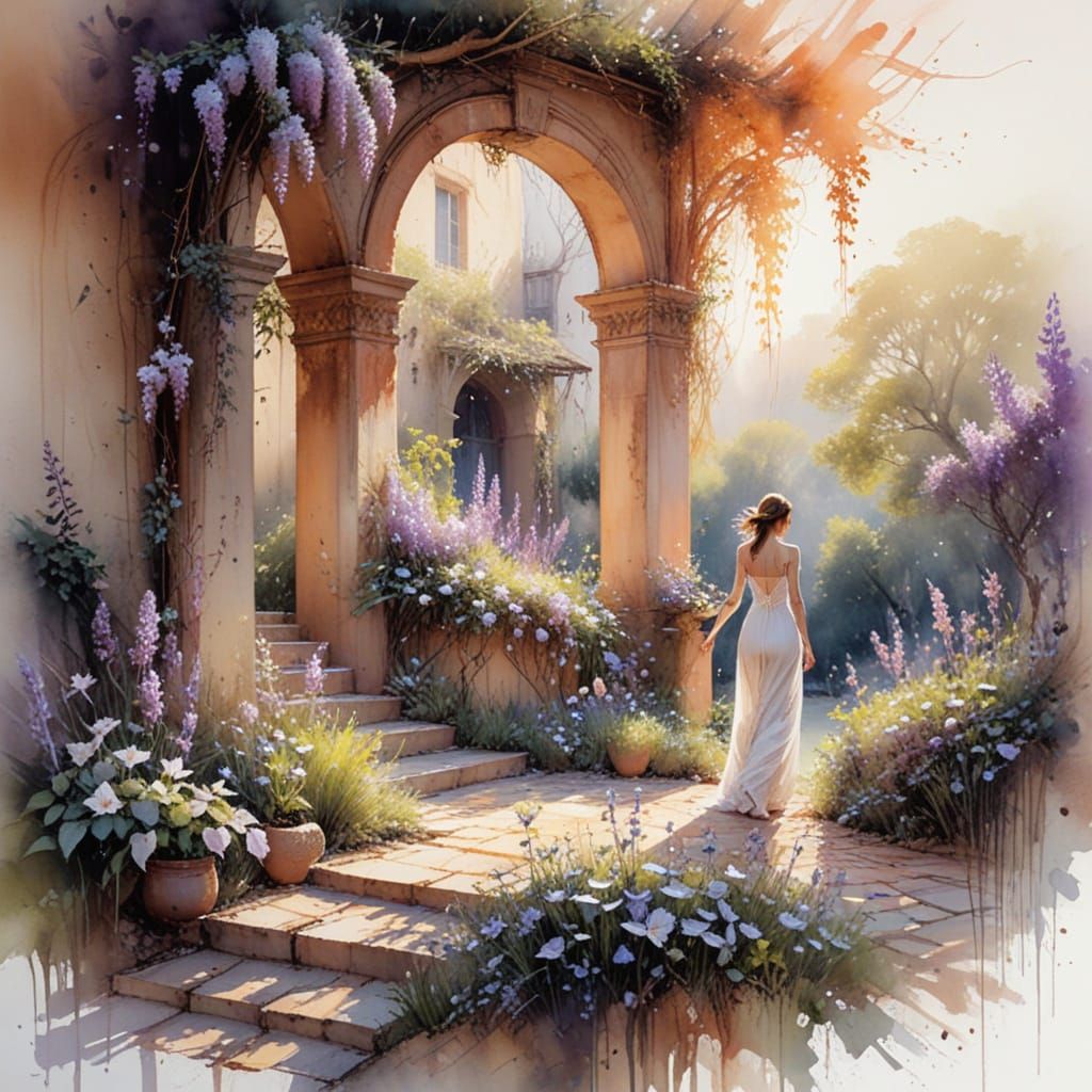 Secret Spring Courtyard in Expressive Watercolor Style
