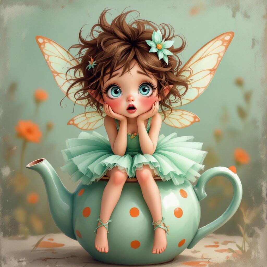 Shocked Fairy on Teapot in Soft Grunge Style
