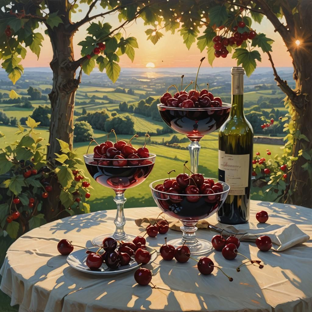 Cherries and Wine in Golden Light: Oil Painting