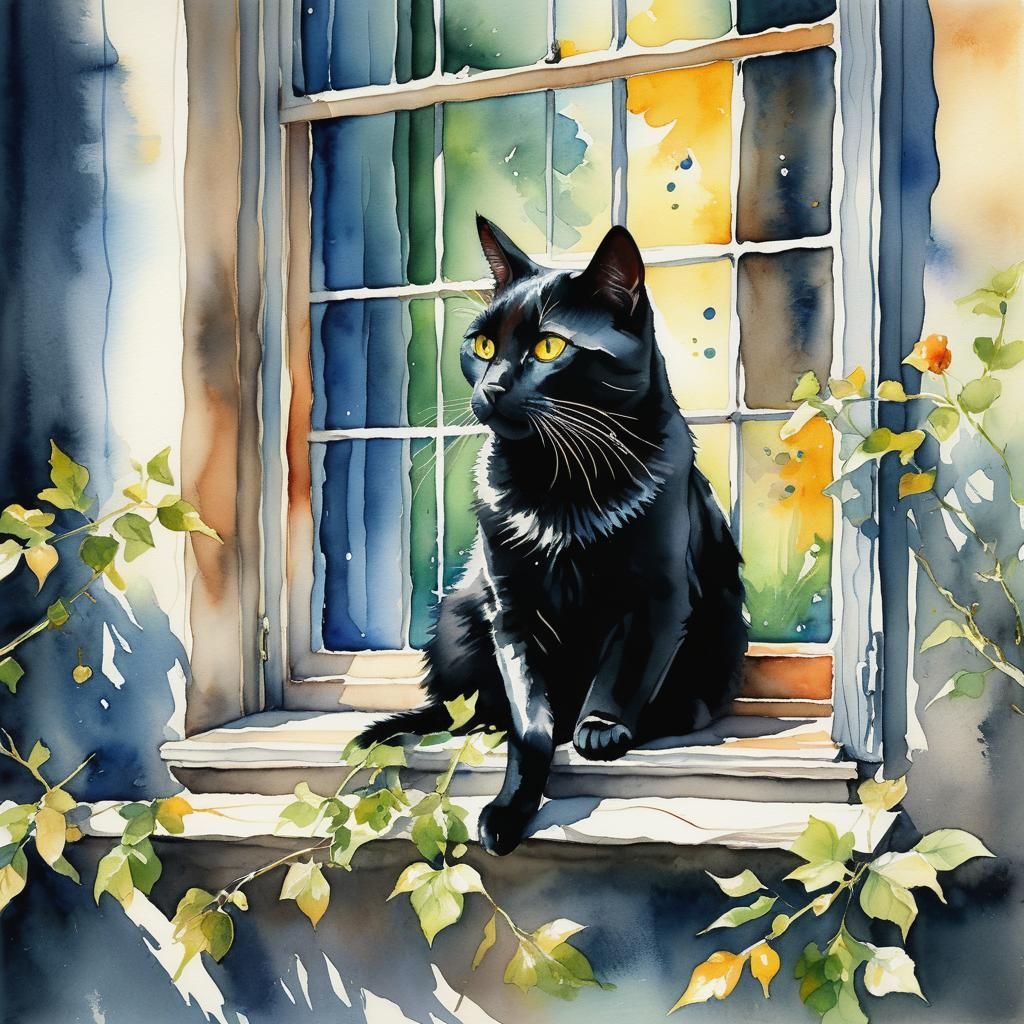 Whimsical Black Cat in Vibrant Watercolor