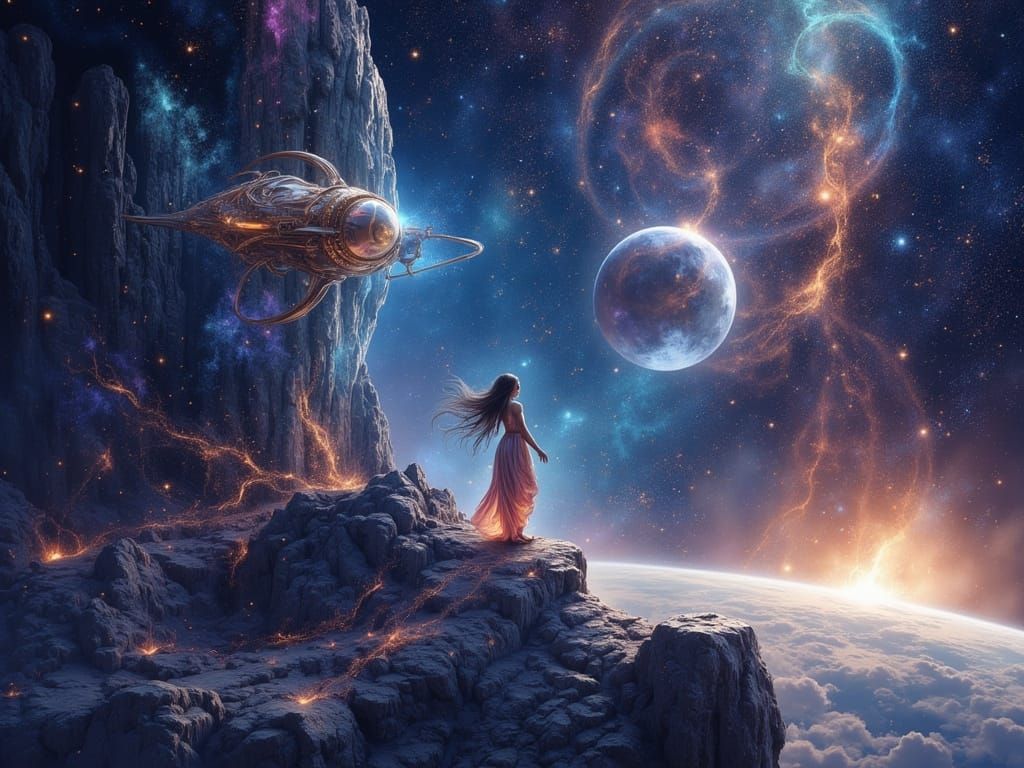 Alien Woman on Space Rock with Spaceship