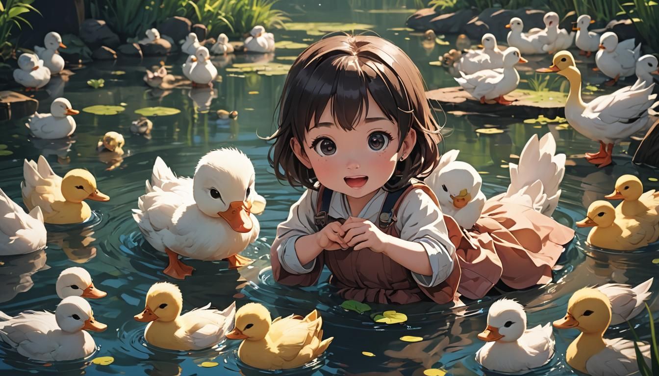 Anime Baby Girl with Duck, Cel-Shaded Style