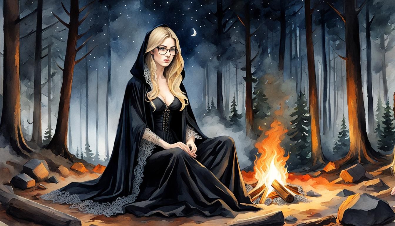 Woman in Forest Campfire Watercolor Art