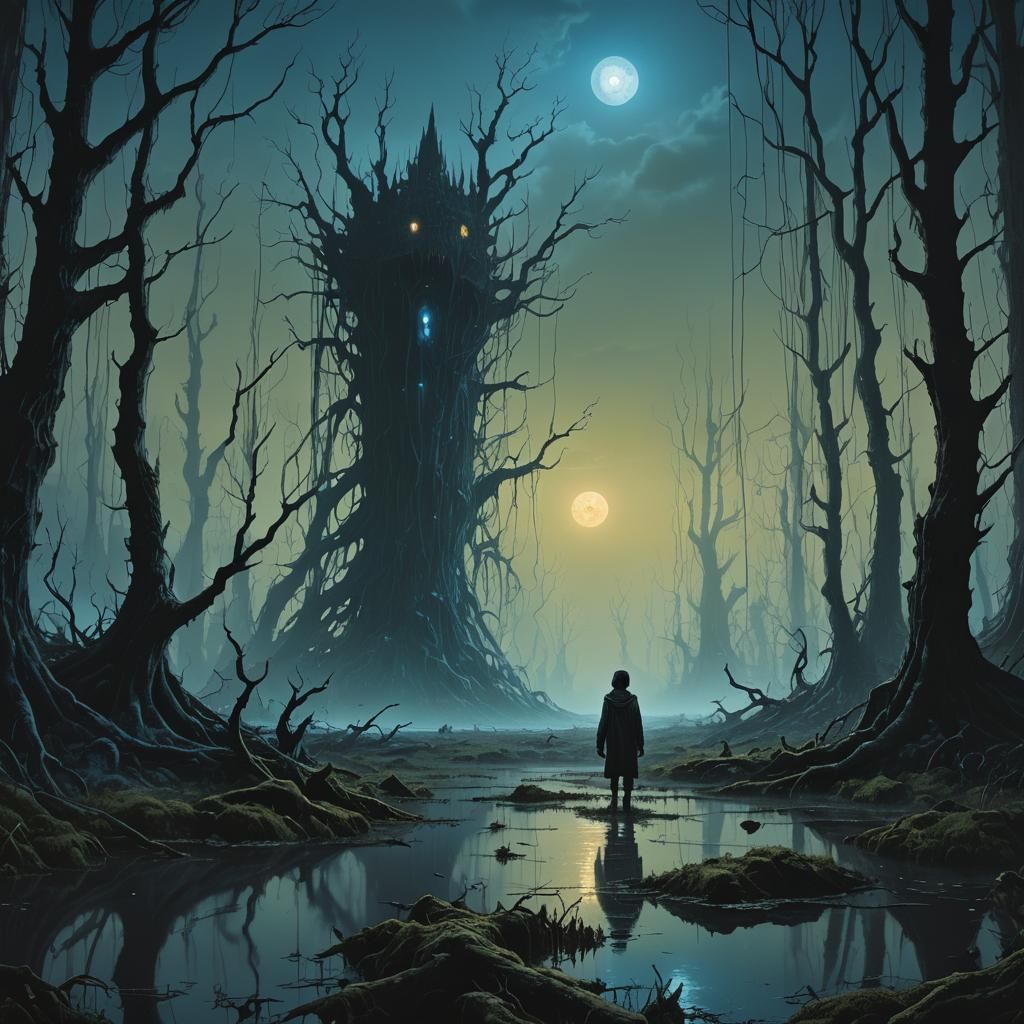 Lost Child Follows Will-o'-the-Wisp in Hellish Swamp