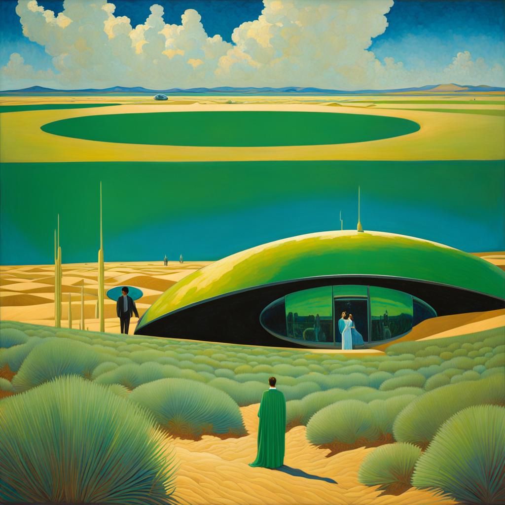 Art Nouveau Desert Landscape with Luminescent Figures