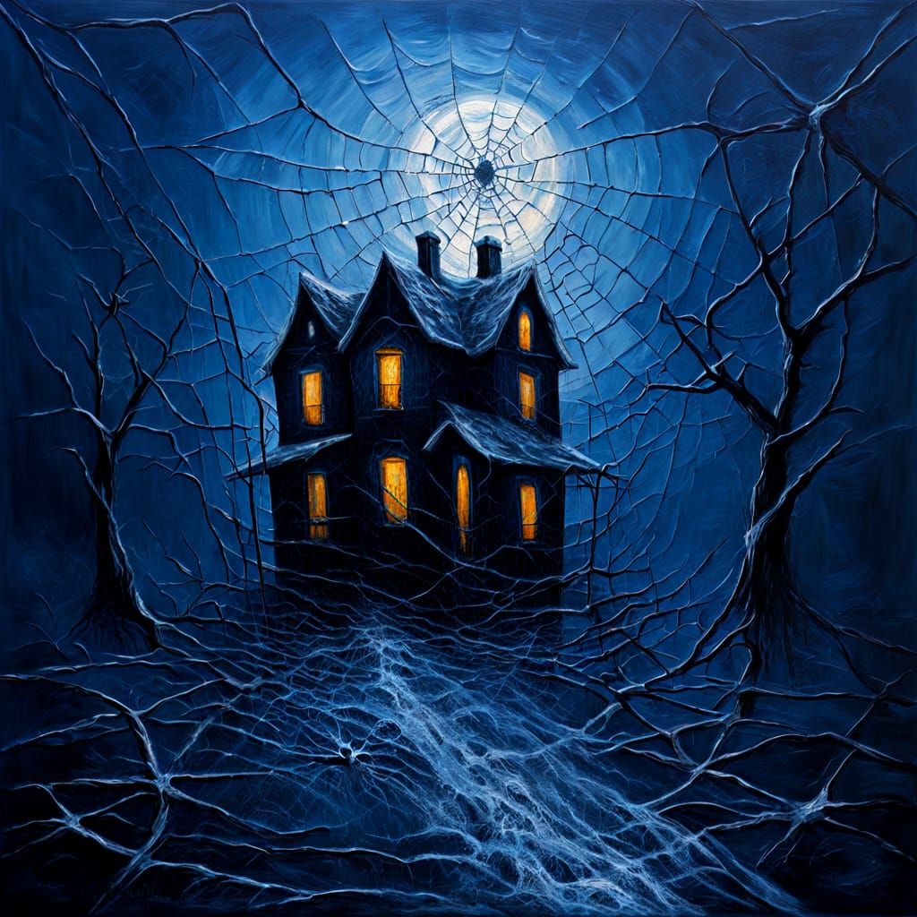 Eerie Spiderwebs Under Blue Moon in Oil Impasto Style
