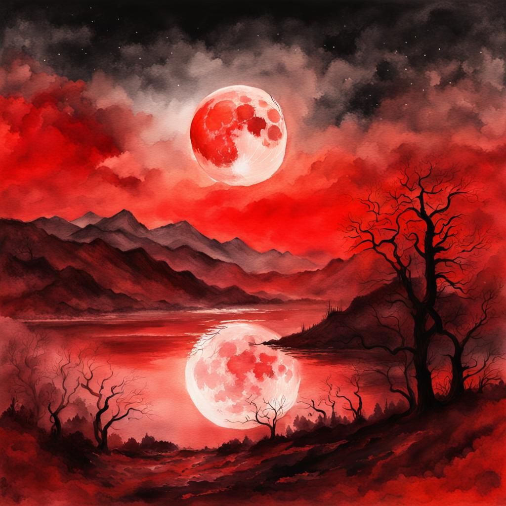 Red Lunar Landscape in Watercolor Style
