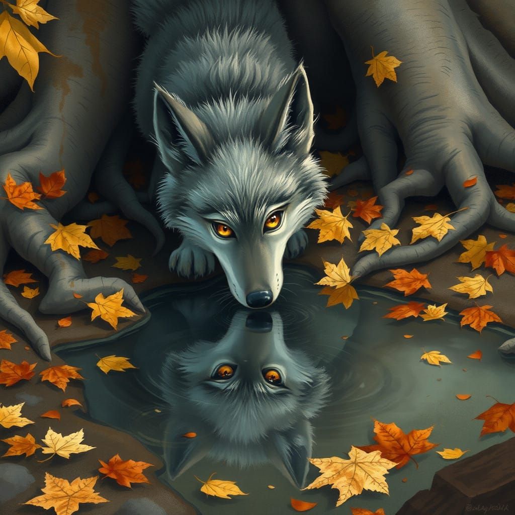 Wolf Contemplates Its Reflection in a Whimsical Autumn Scene