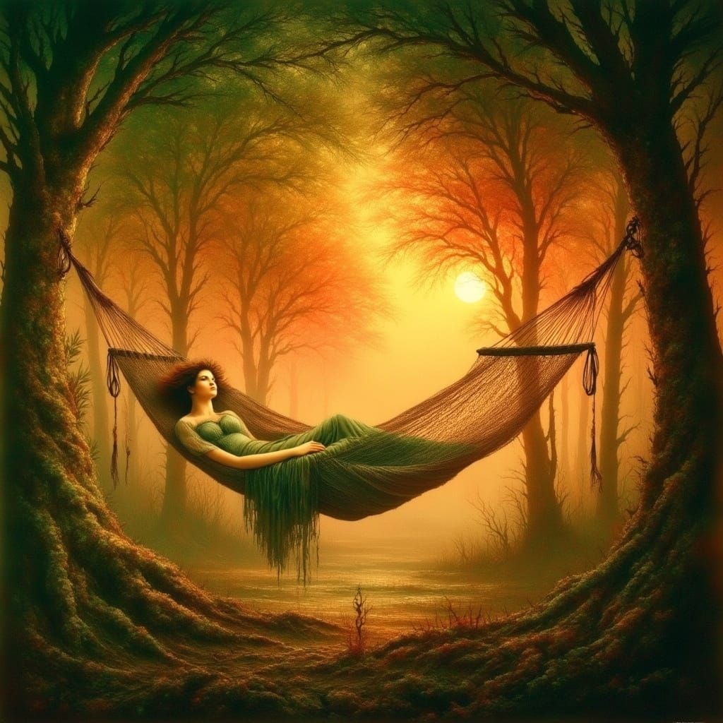 Woman in Hammock, Antique Watercolor Portrait