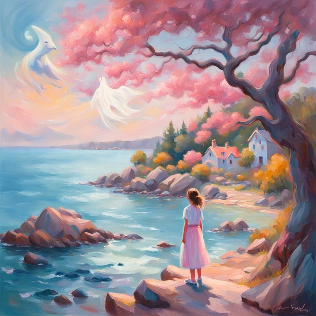 Girl and Dragon Spirit in Impressionist Style