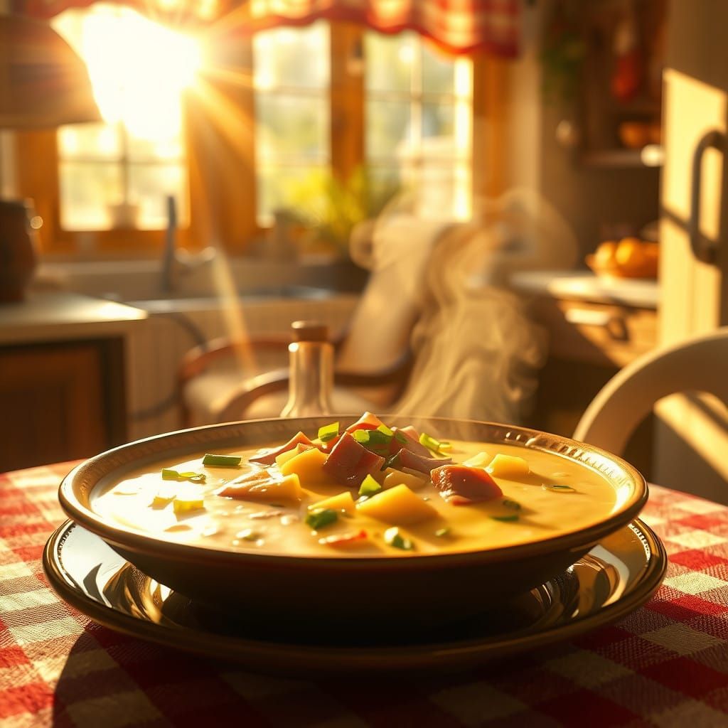 Savory Hot Potato Soup on Classic Red-and-White Checkered Ta...