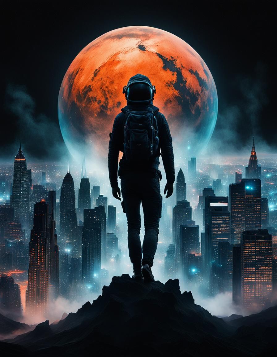 Martian Silhouette Double Exposure in Misty Cityscape