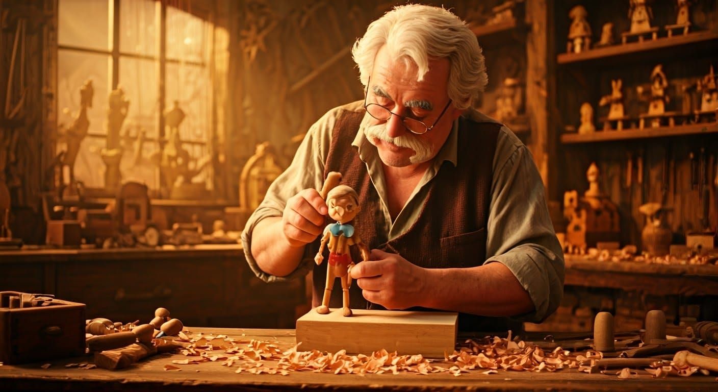 Geppetto Carving Pinocchio in Whimsical Workshop