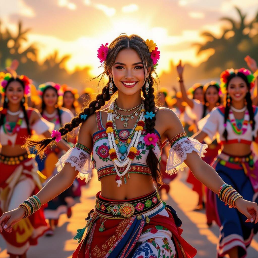 Young Woman Leads Vibrant Cultural Dance at Sunset
