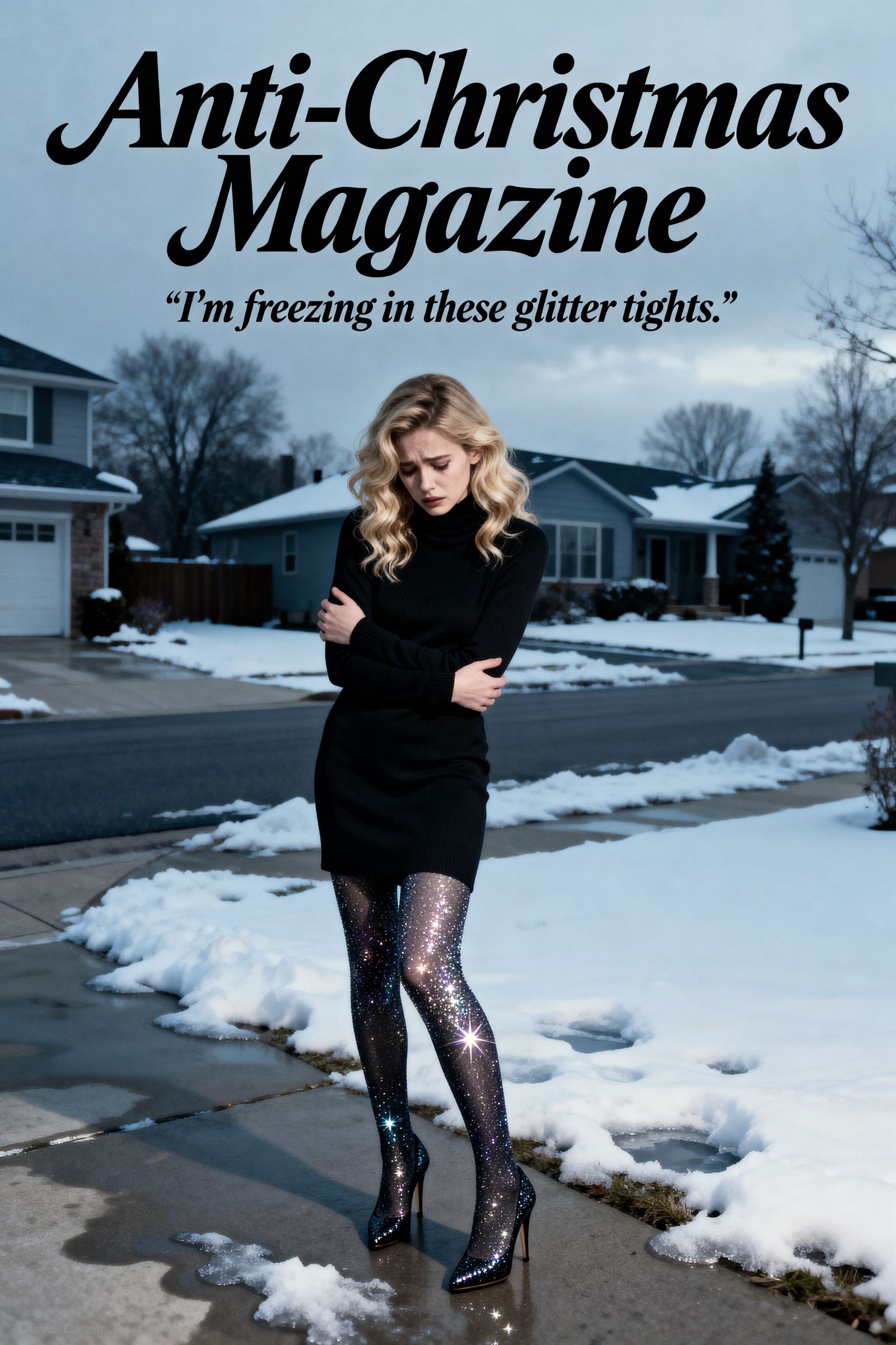 Magazine Cover: Woman Freezing in Glitter Tights
