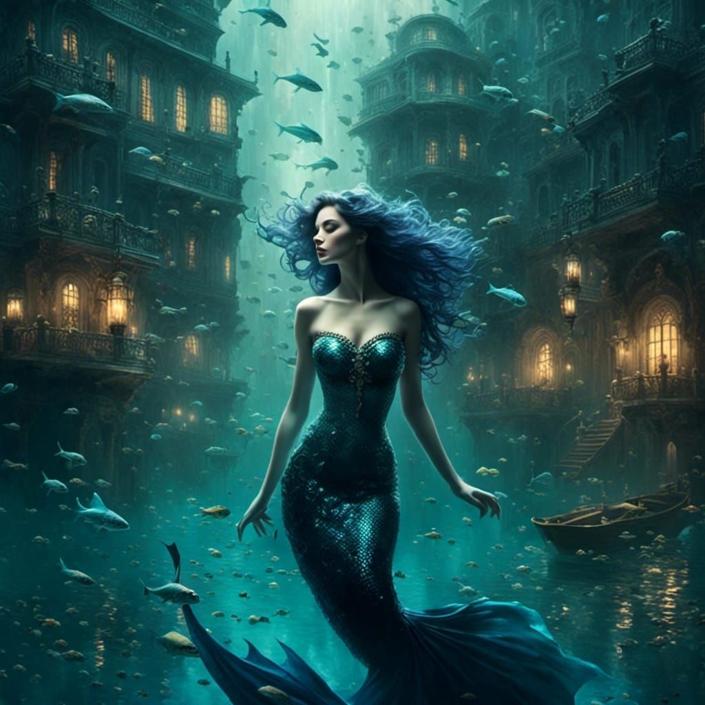 Dark Mermaid in Dreamy Underwater City