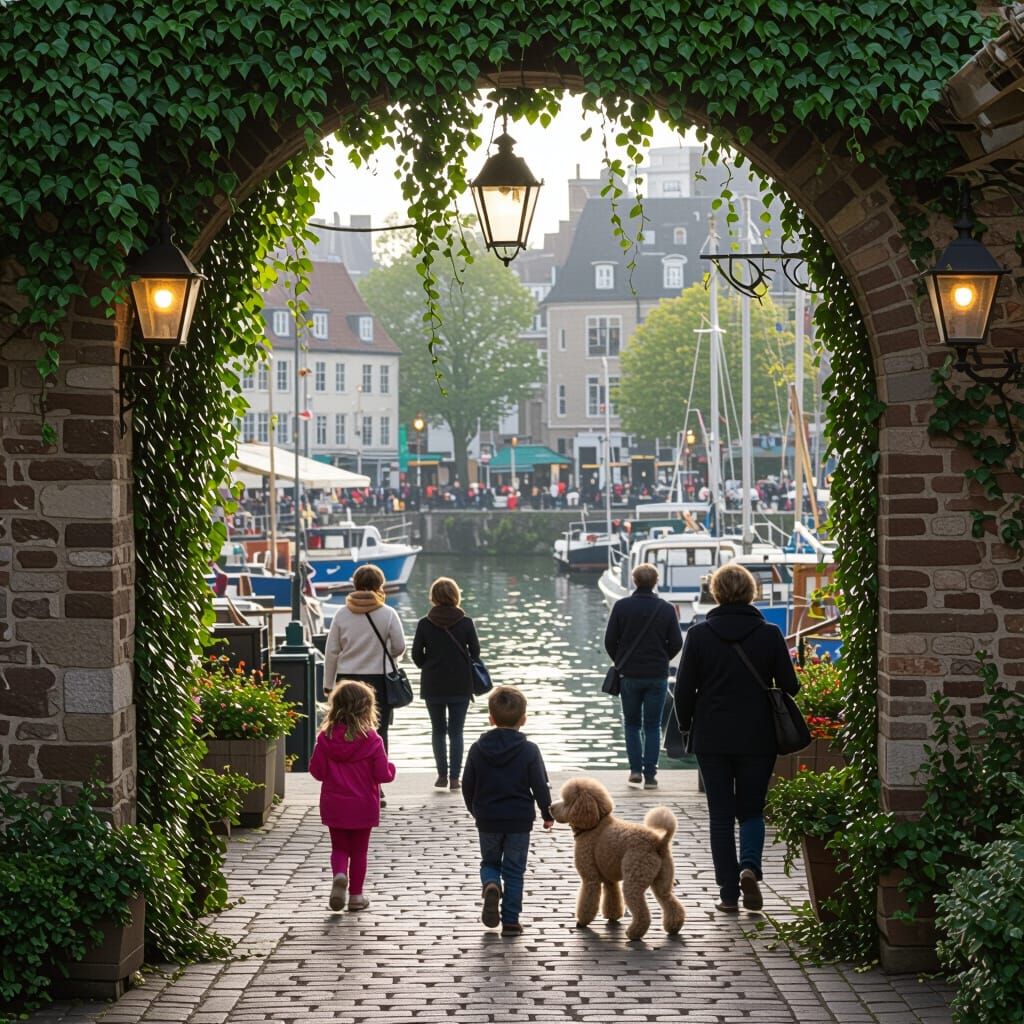 Serene Harbor Scene with Lanterns and Ivy Walls