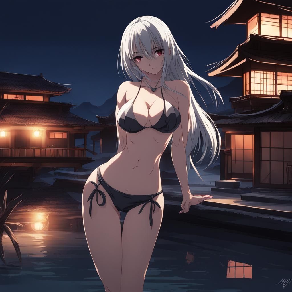 Anime Woman in Bikini with Japanese Scenery