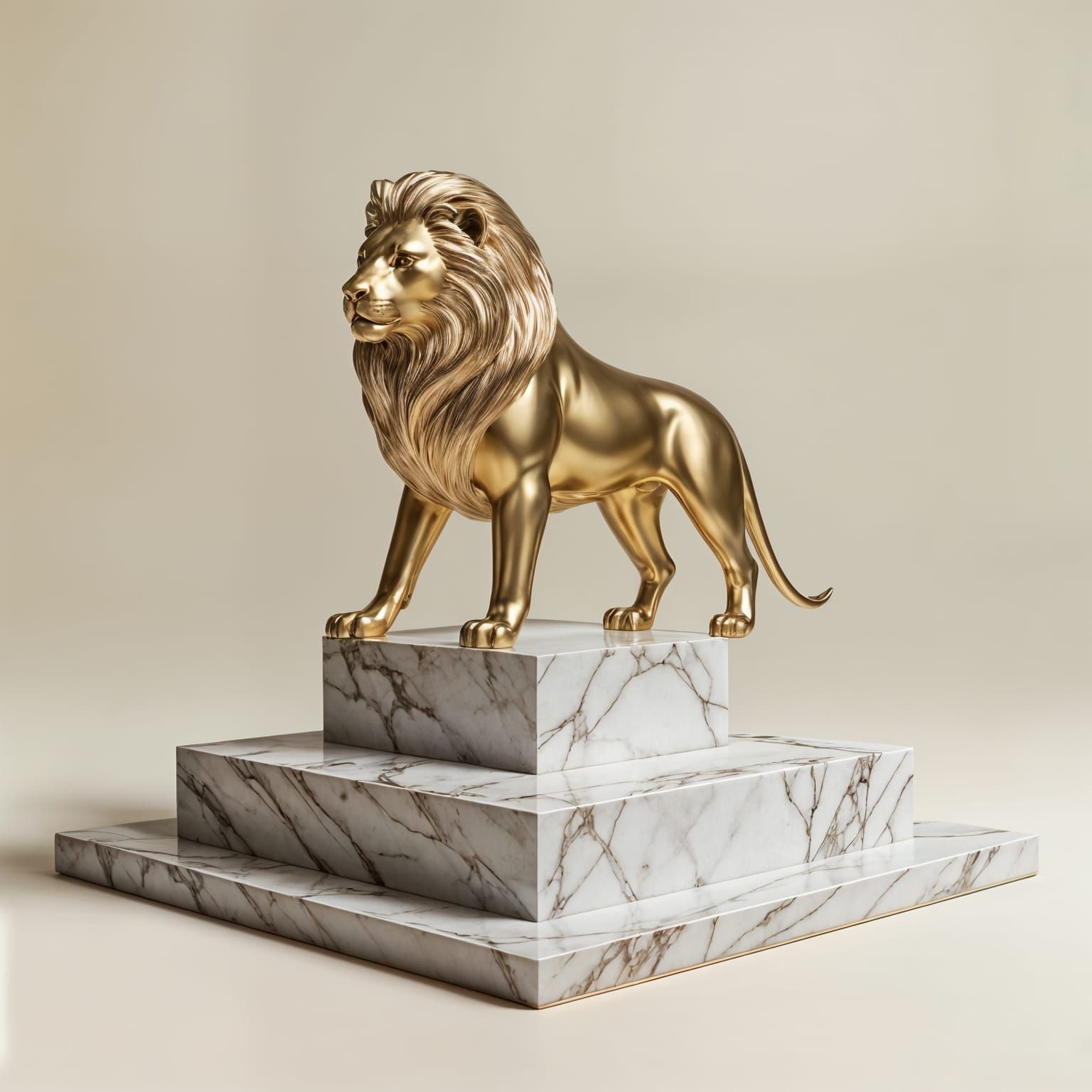 Platinum Lion Sculpture with Flowers in Dreamy Landscape
