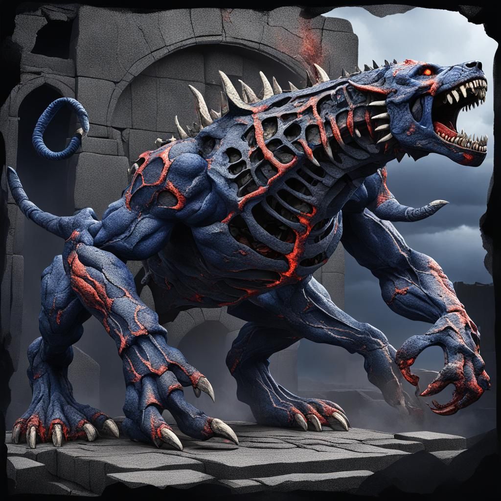 biomechanical cerberus (lava blood) (cracked stony charcoal skin) (slavering jaws), dark blue indigo stormy sky, corrode...