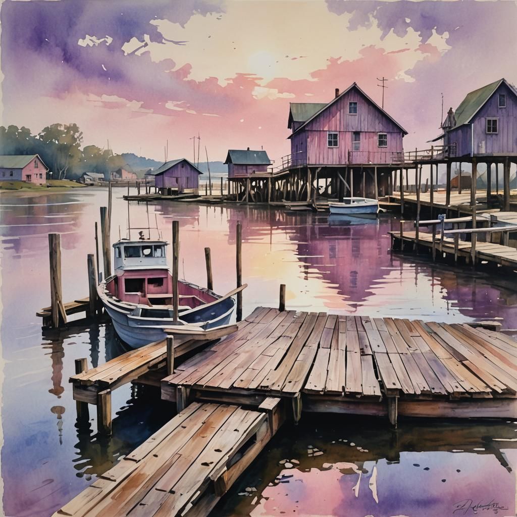 Riverside Boat Ramp in Impressionist Watercolor Style