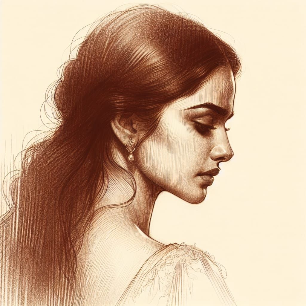 Indian Actress Sketch in Warm Tonal Oil Painting Style