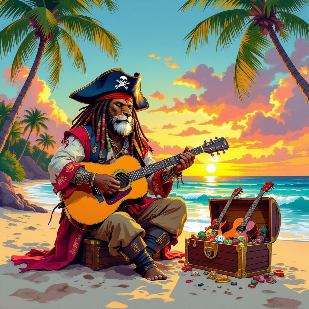 Reggae Pirate Lion Guitarist on Tropical Beach