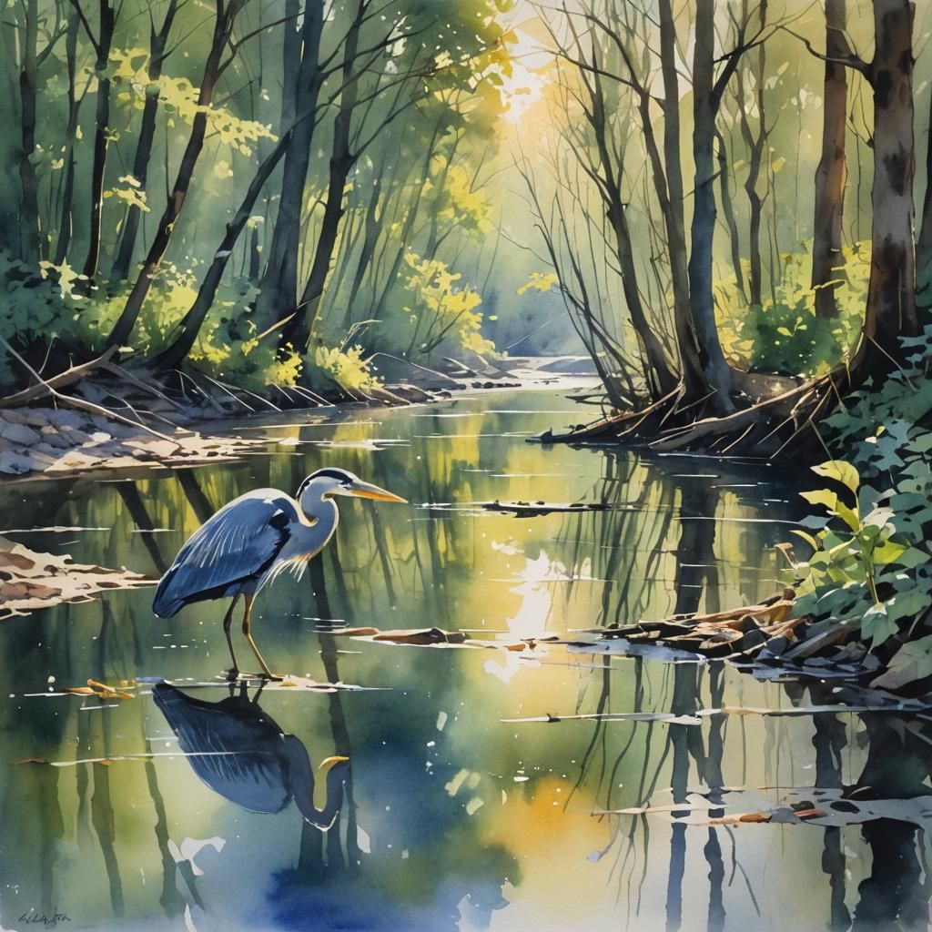 Watercolor River Scene with Heron and Birds