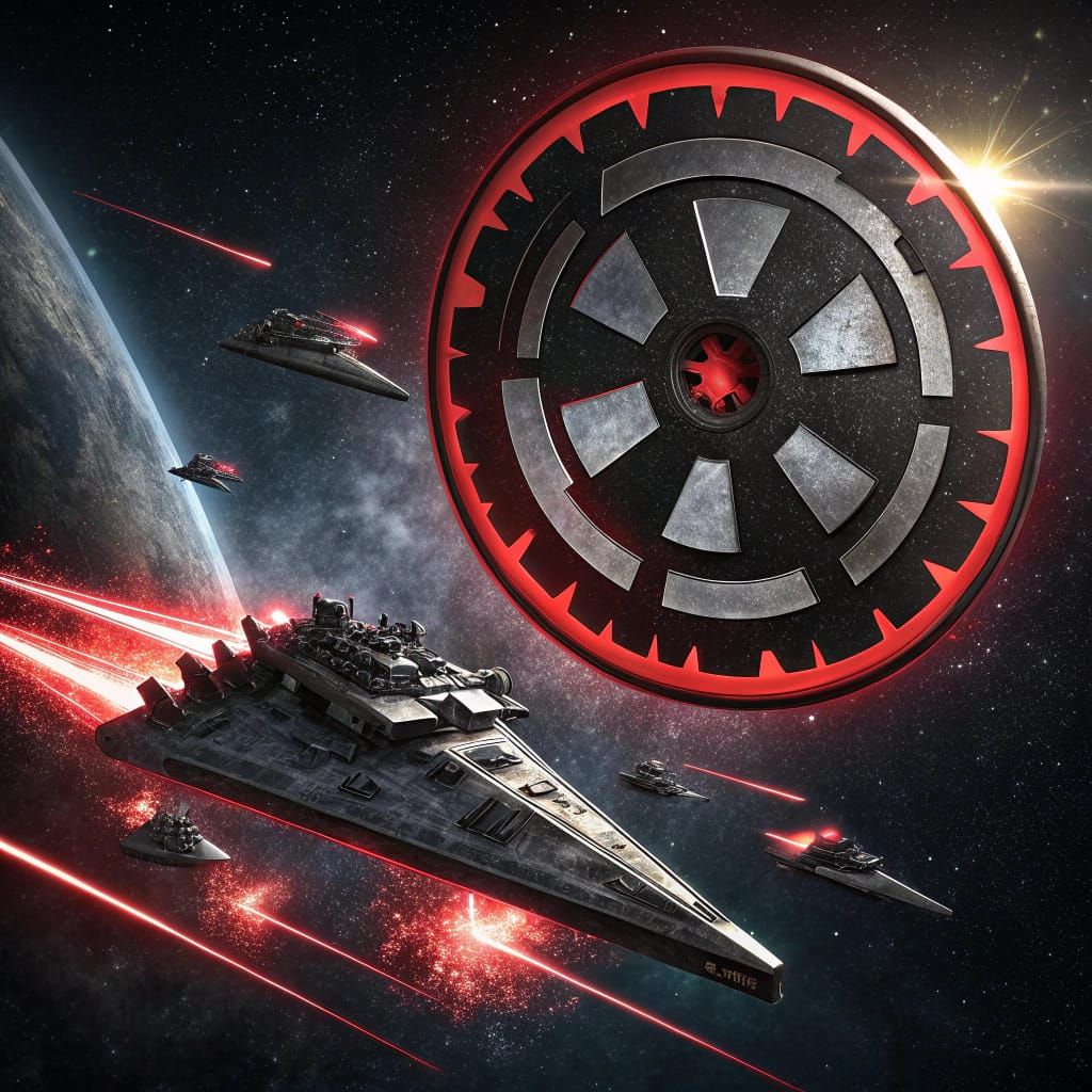 Surreal Cog Emblem Illuminates Galactic Conquest in Metallic...