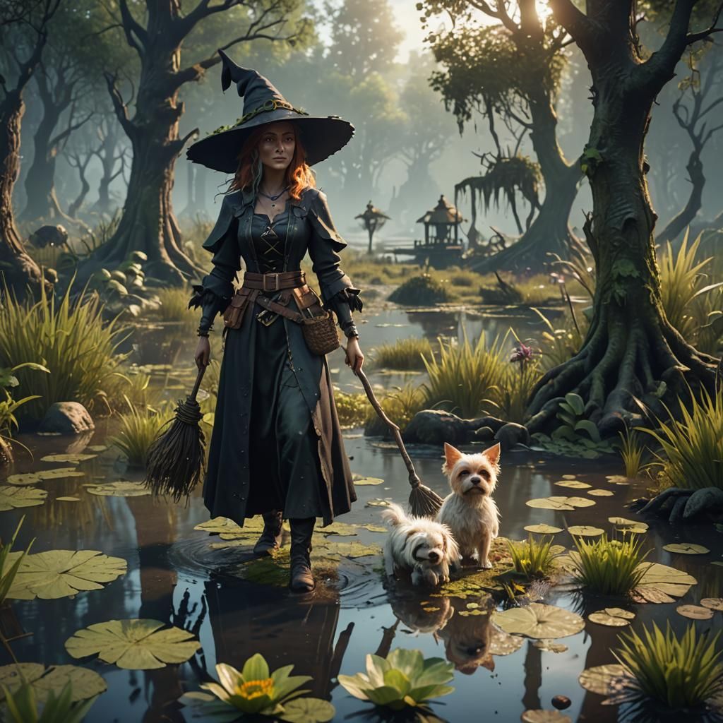 Swamp Witch Gardening with Dog in Cinematic 3D