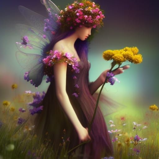 Midnight Fairy in Flower Meadow, Detailed Digital Art
