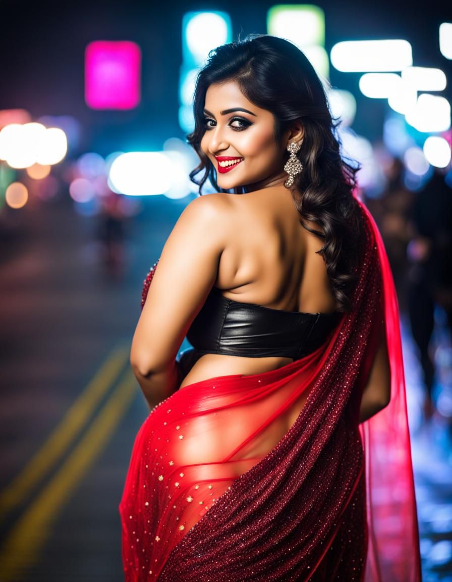 Curvy Woman in Glitter Saree in Neon City