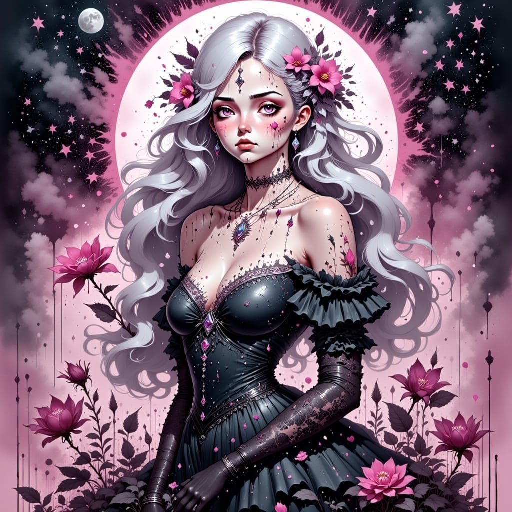 Pastel Goth Babe in Starry Night, Pop Surrealism Style